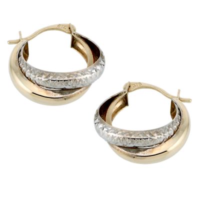9ct Gold Two Colour Diamond Cut 15mm Double Creole Earrings - Product number 6638988