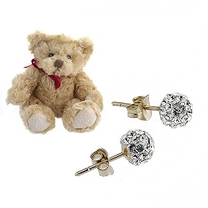 9ct gold Crystal Ball Stud Earrings with Teddy Bear