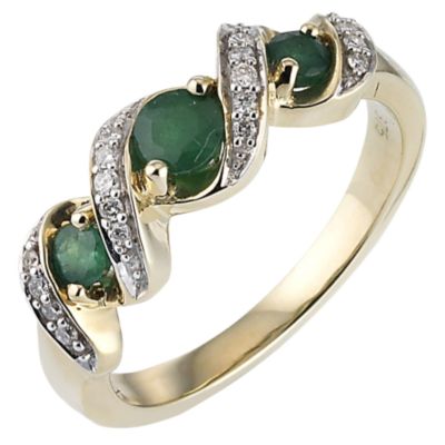 9ct Yellow Gold Diamond and Emerald Three Stone Twist Ring - Product number 6659764
