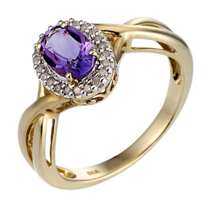 9ct Yellow Gold Rhodium Plated Diamond Amethyst