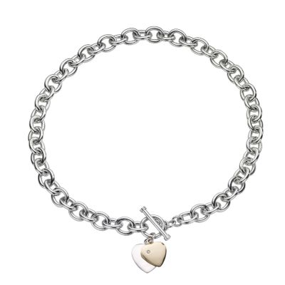Sterling silver and 9ct gold diamond heart T-bar necklace