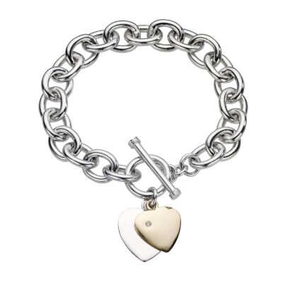 Sterling silver and 9ct gold diamond set heart T-bar bracelet - Product number 6675689