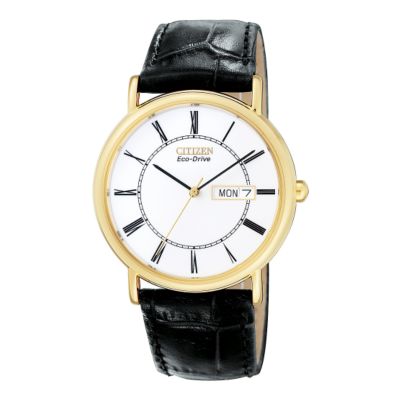 Citizen Eco Drive Men's Gold Plated White Dial Black Leather Strap Watch - Product number 6678440