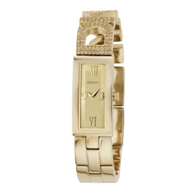 DKNY Ladies' Gold Plated Stone Set Logo Rectangular Dial Bracelet Watch - Product number 6678955