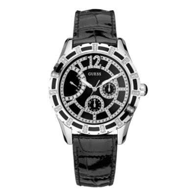 Guess Ladies`Stone Set Black Leather Strap Watch