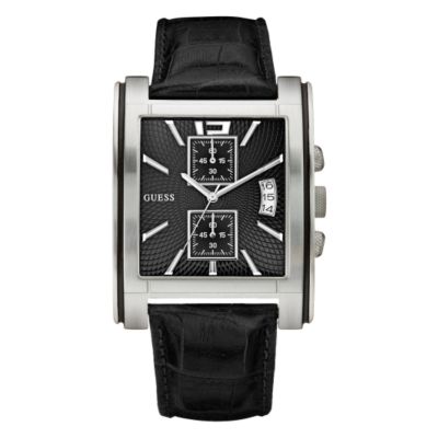 Guess Men` Black Leather Strap Watch