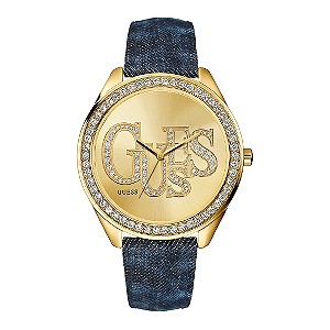 Guess Ladies`Gold-Plated Stone Set Denim Strap Watch