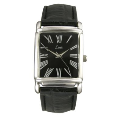 Limit Men` Black Rectangular Dial Leather Strap Watch