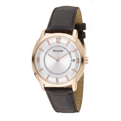 Accurist Men's Rose Gold Brown Leather Strap Watch
