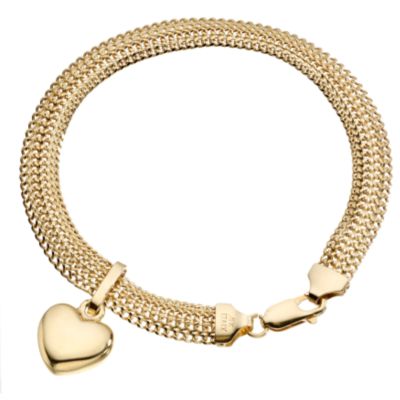 9ct Gold 7.5` Fancy Mesh Heart Charm Bracelet