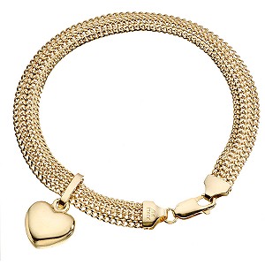 9ct Gold 7.5` Fancy Mesh Heart Charm Bracelet