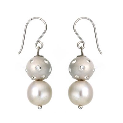 9ct White Gold Freshwater Pearl and Crystal Drop Earrings