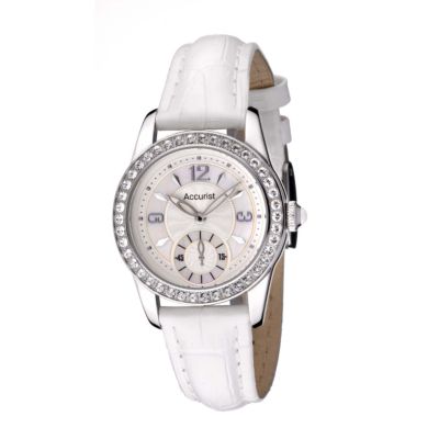 ladies stone set white leather strap