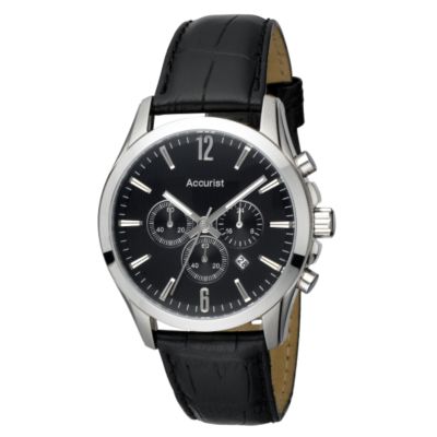 accurist mens black leather strap chronograph