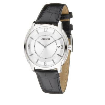 Accurist mens silver dial black leather strap