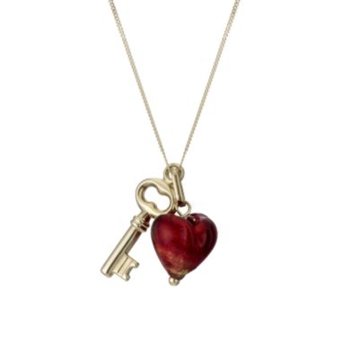9ct Yellow Gold Red Murano Glass Heart and Key