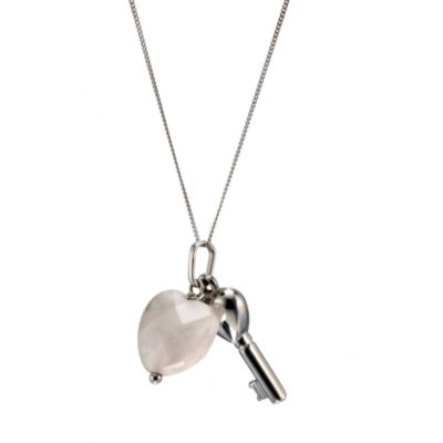 9ct White Gold  16' Pink Murano Glass Heart & Key Charm