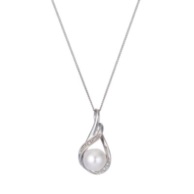 9ct white gold cultured freshwater pearl diamond pendant - Product ...