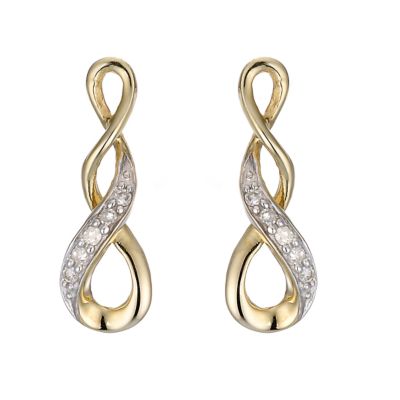 9ct Yellow Gold Rhodium Plated Diamond Twist Earrings - Product number 6853641