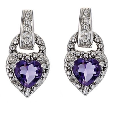 Silver, Diamond and Amethyst Heart Earrings