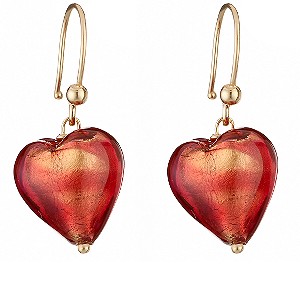 9ct Yellow Gold Red Murano Glass Heart Earrings