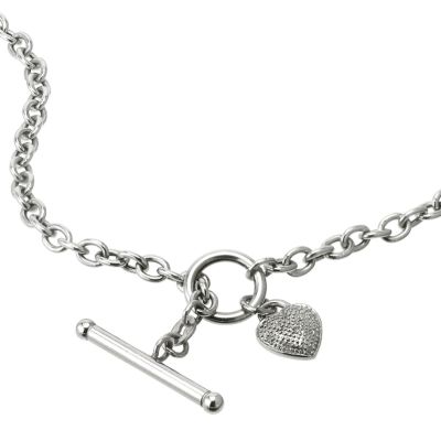 9ct white gold T-bar diamond set heart charm albert necklace