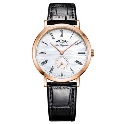 Rotary Ladies' Rose Gold Plated Black Leather Strap Watch H.Samuel