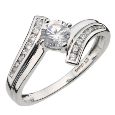 9ct white gold cubic zirconia solitaire crossover ring