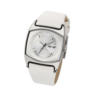 Diesel Ladies' Silver Tonneau Dial White Leather Strap Watch - Product number 6905862