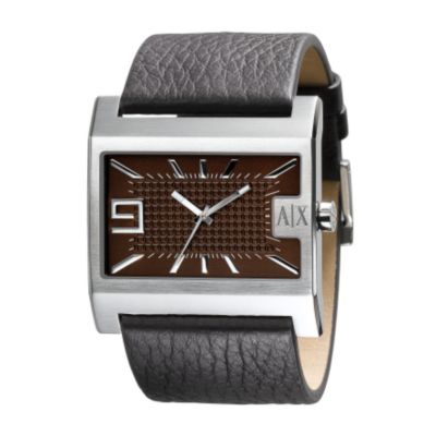 Armani Exchange Men's Stainless Steel Brown Rectangular Dial Leather Strap Watch - Product number 6906486