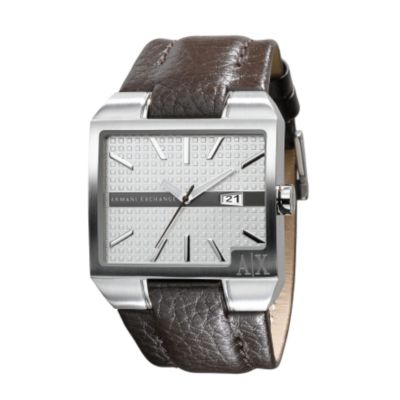 Armani Exchange Men's Stainless Steel White Rectangular Dial Leather Strap Watch - Product number 6906494