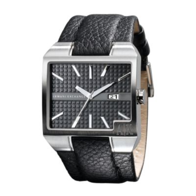 Armani Exchange Men's Stainless Steel Black Rectangular Dial Leather Strap Watch - Product number 6906508
