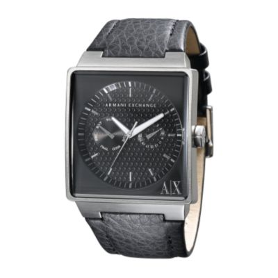 Armani Exchange Men's Black Square Dial Leather Strap Watch