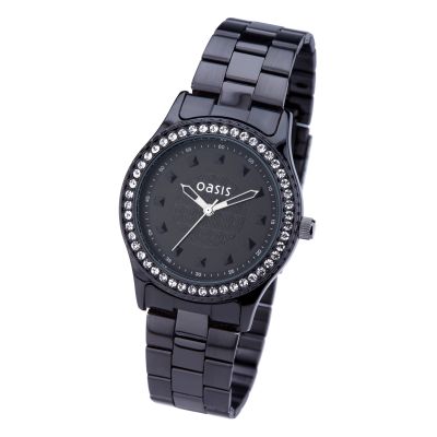 Oasis Ladies' Stone Set Black Strap Watch