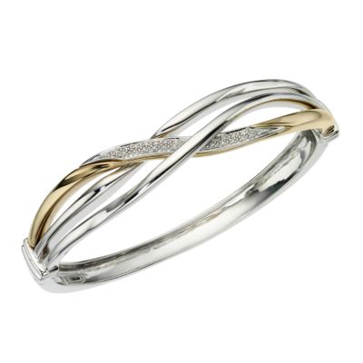 Sterling silver and 9ct gold diamond set bangle