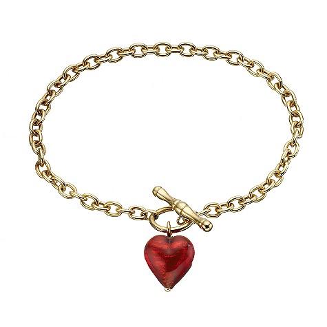 9ct gold and red Murano glass heart T-bar bracelet