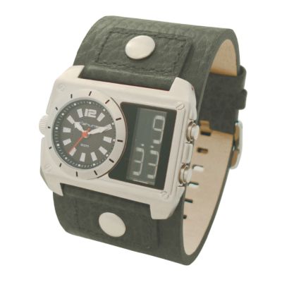 Kahuna Men's Dual Time Stainless Steel Black Leather Cuff Watch - Product number 8002398