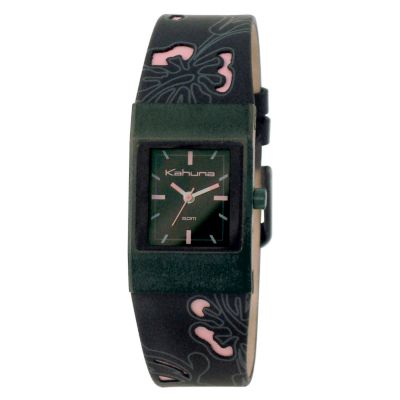 Kahuna Ladies' Black IP Black and Pink Leather Strap Watch