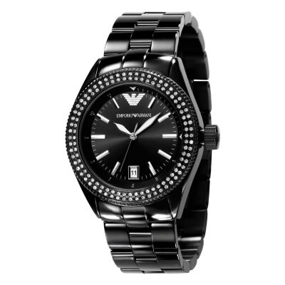 Armani ladies black stone set watch