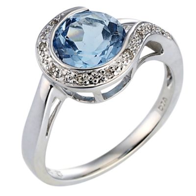 9ct white gold diamond and blue topaz ring