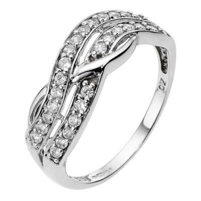 9ct White Gold Double Row Cross Over Cubic Zirconia Ring
