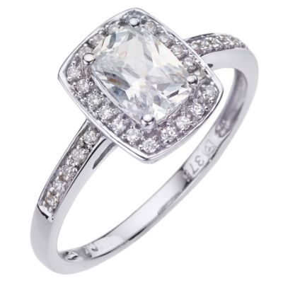 9ct White Gold Emerald Cut Cubic Zirconia Ring