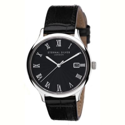 Silver round black dial mens watch