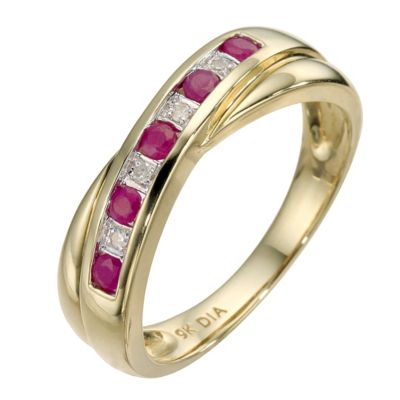 9ct yellow gold ruby and diamond cross over ring