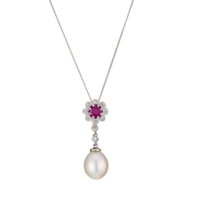 9ct White Gold Cultured Freshwater Pearl Diamond Ruby Pendant - Product number 8168601