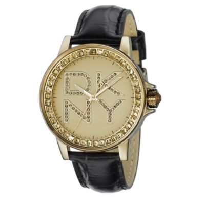 DKNY Ladies' Gold-Plated Black Strap Watch - Product number 8192901