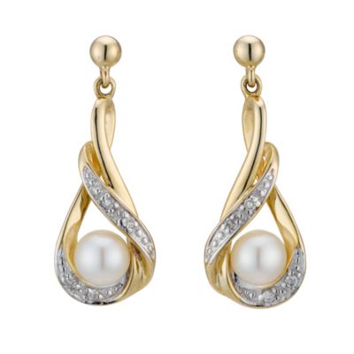 9ct yellow gold diamond & pearl twist earrings - Product number 8196427