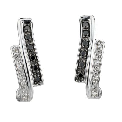 9ct White Gold Black and White Diamond J Shape Earrings