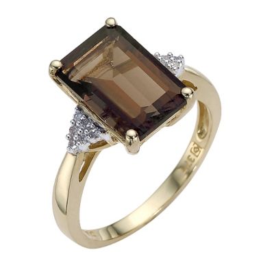 9ct gold smokey quartz and diamond ring