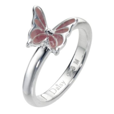 Daisy Enamel Pink Butterfly sterling silver ring Size P